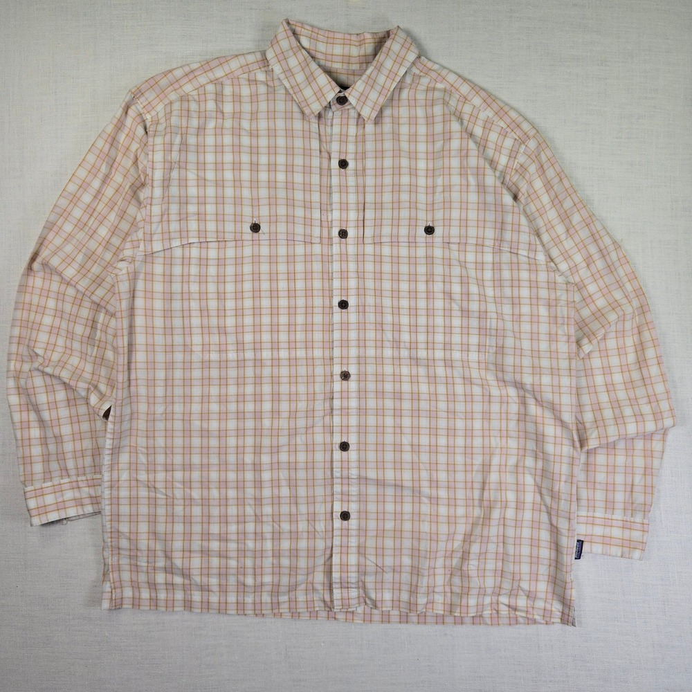Patagonia Guide Outdoor Shirt Hiking Plaid Men L Shirt Pink Orange Long Sleeve